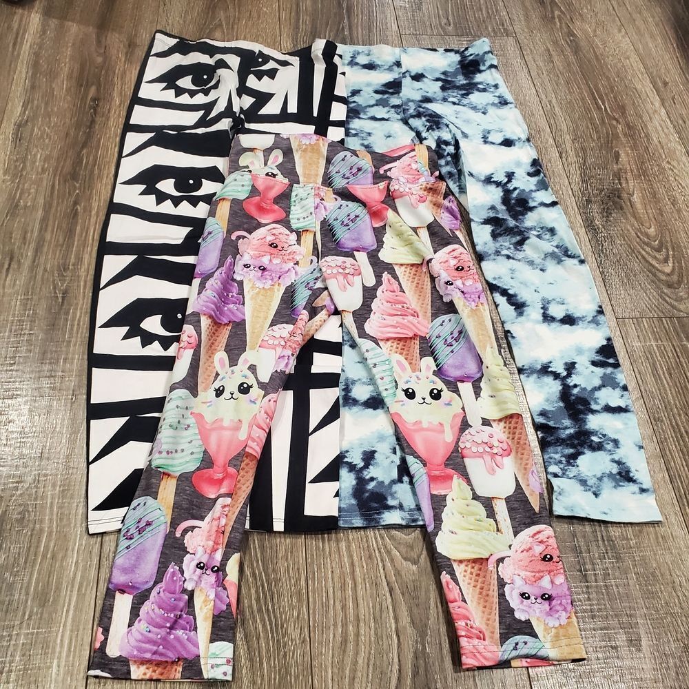 Girls Leggings Size 10-12 Fun Patterned Kids Leggings Trio
